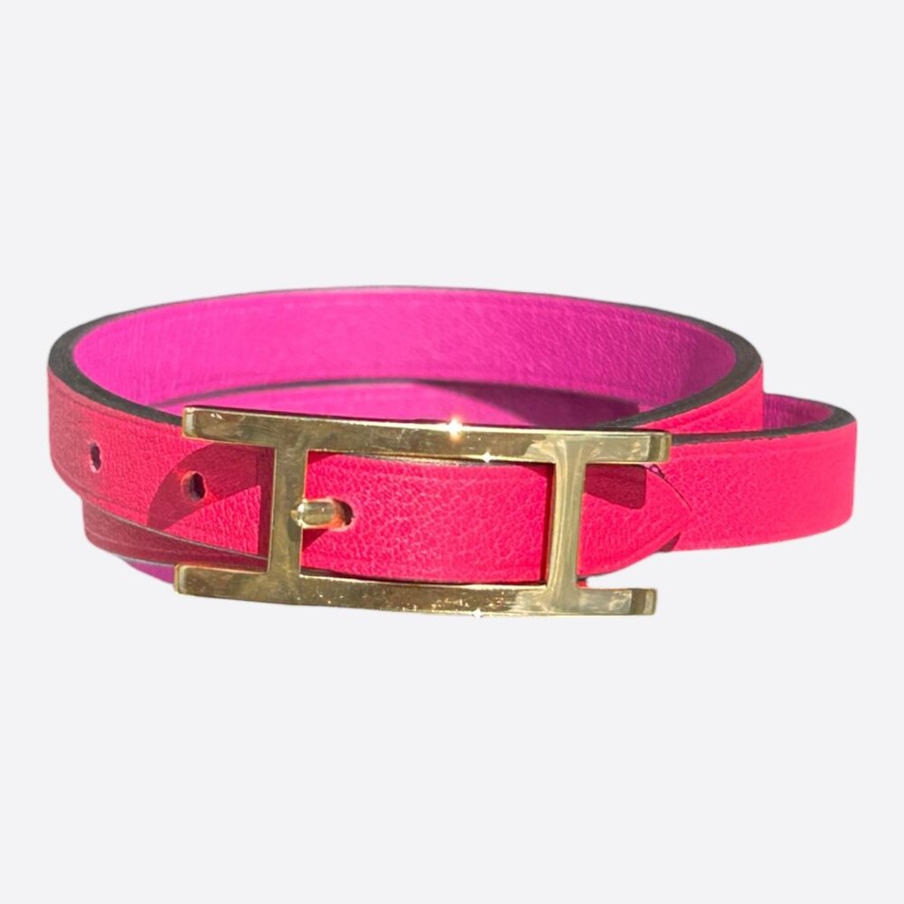 Hermes Pink Swift & Gold Hardware Behapi Double Tour Bracelet